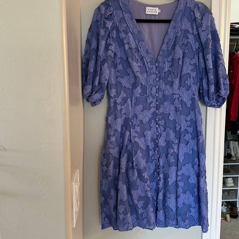 Tanya Taylor purple embroidered floral dress with puff sleeves size 8